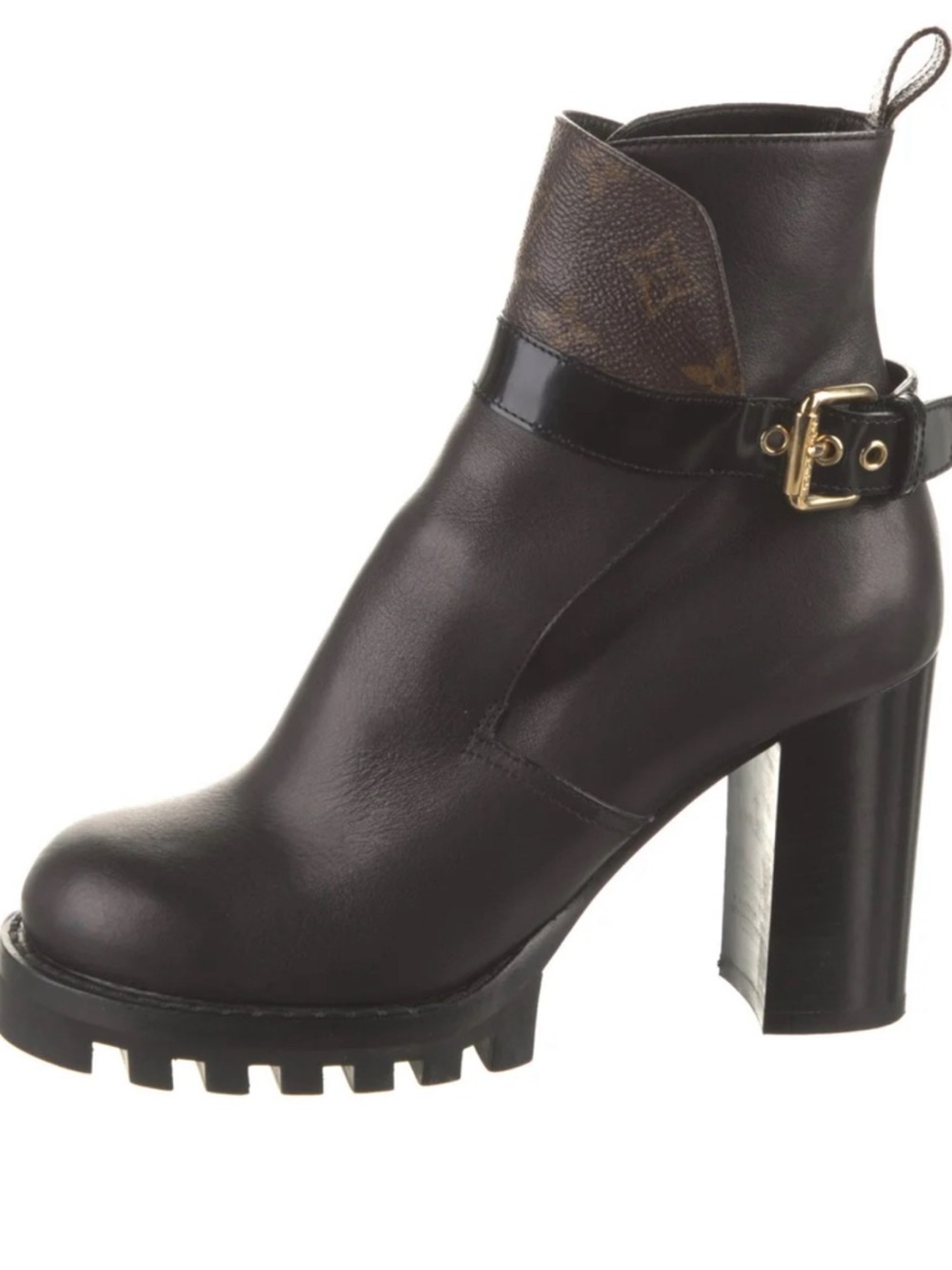 Louis Vuitton Brown Leather Monogram Cuff Lug Sole Ankle Boots with buckle